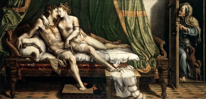 Bogovi su prije imali ljudskiju mjeru, odnosno morali su se koristiti
smicalicama i čarolijama da bi postigli određene ciljeve, i to ne uvijek
sa stopostotnim učinkom. (Giulio Romano: Ljubavnici, inspirirano mitom o Zeusu i Alkmeni)<br>