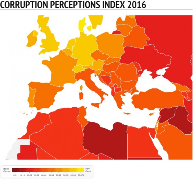 Indeks korupcije za 2016. godinu, Foto: Transparency International